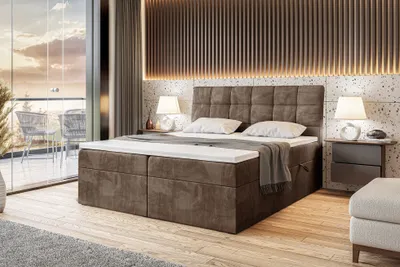 A bedroom scene with a large bed, nightstands, and a balcony visible through a glass door.