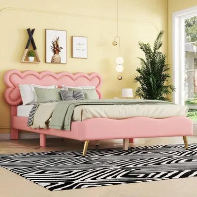 Image de Lit double en PU, 140 x 200 cm, style minimaliste, rose, sommier à lattes
