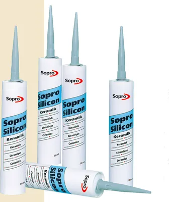 Several tubes of Sopro Silicon Keramik sealant are arranged on a plain background.