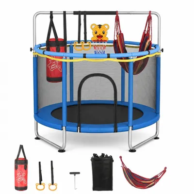 Produktbild von KEHOT Trampolin 140 cm mit Sicherheitsnetz, höhenverstellbarer Reckstange & Zubehör, Indoor, Blau, bis 100 kg