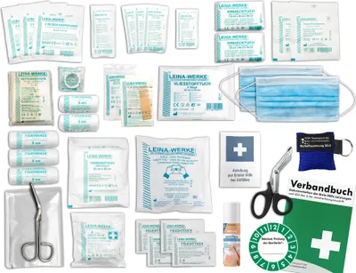 Produktbild von Komplett-Set Erste-Hilfe nach aktueller DIN/EN 13 157 PLUS 3 für Betriebe mit Sprühpflaster, Notfallbeatmungshilfe & Verbandbuch