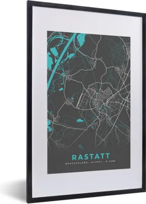 Produktbild von MuchoWow® Gerahmtes Poster Blau - Deutschland - Karte - Stadtplan - Rastatt 40x60 cm - Poster mit Schwarzem Bilderrahmen Wandposter Rahmen Foto Bilder - Poster in Rahmen