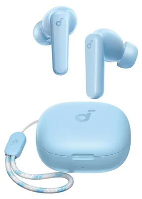 A pair of light blue wireless earbuds and their charging case are displayed against a white background.