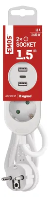 Produktbild von EMOS Steckdosenleiste mit USB, 2-Fach Mehrfachsteckdose und 3X USB-Port - 2X Typ