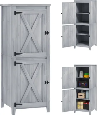 A collage of images showing a tall, narrow cabinet with a barn-style door design. The cabinet is shown closed in the main image and open in two smaller inset images, revealing shelves and some items stored inside.