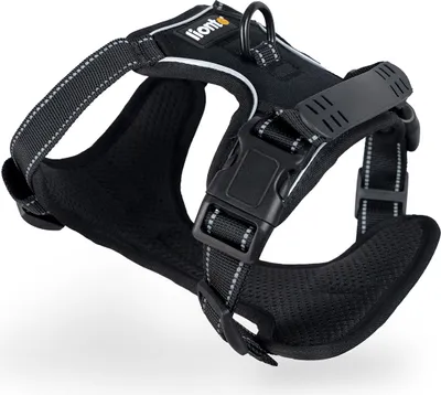 A black dog harness is shown against a white background.