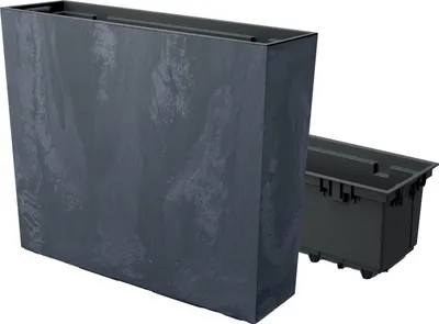 A rectangular planter with a textured gray exterior and a black insert with wheels.