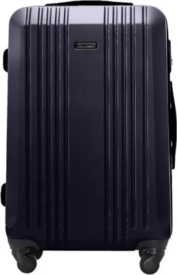 A dark blue suitcase is shown from the front on a white background.