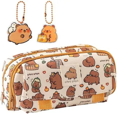 Produktbild von Capybara-Case, 2 Capybara-Hängern, charmante Tier-Case, mehrschichtige Case mit Reißverschluss, Schulutensilien-Tasche, multifunktionale Schul-Organisations-Tasche