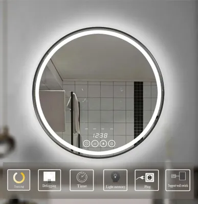 Image de Miroir de salle de bain LED rond - Miroir mural de 60 cm - Température de couleur réglable de 3000 à 6000K - Lumière réglable en intensité - Anti-buée - Cadre en acier inoxydable - Argenté