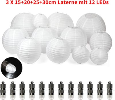 12 Stück Weiß Papier Laterne Papier Lampions outdoor Papierlaterne Lampenschirm 3 X 15 20 25 30cm (mit 12 LEDs) Hochtzeit Party Deko