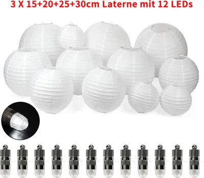 Produktbild von 12 Stück Weiß Papier Laterne Papier Lampions outdoor Papierlaterne Lampenschirm 3 X 15 20 25 30cm (mit 12 LEDs) Hochtzeit Party Deko
