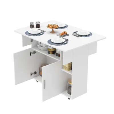 Produktbild von Essstisch Ausziehbarer mit Schrank und Rädern für Esszimmer Wohnung Weiß