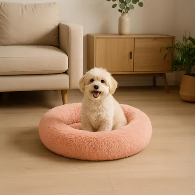 Obrázek produktu pro pelíšek pro psy belviona donut, útulný plyšový pelíšek s měkkou výplní, bezpečným držením a ergonomickým okrajem, průměr 50 cm, tmavě růžový