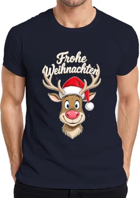 Produktbild von Frohe Weihnachten Rentier Niedlich Cartoon Weihnachtsmütze Lustig Herren T-Shirt, Navy, XXL