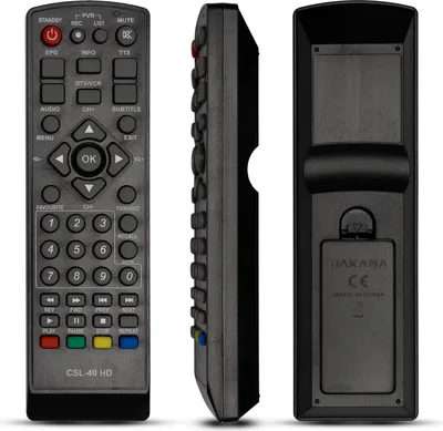 Three views of a black remote control for a digital TV receiver, presented on a white background.