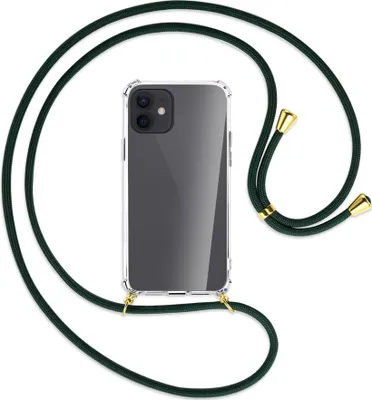 Produktbild von Handykette Backcover-Schutzhülle mit Band (Metall goldfarben) für Apple iPhone 12, 12 Pro - dunkelgrün