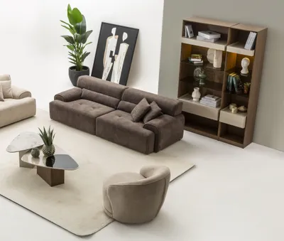 Zdjęcie produktu dla Nowoczesny zestaw do salonu – sofa, fotel, stoliki i witryna do Twojego domu
