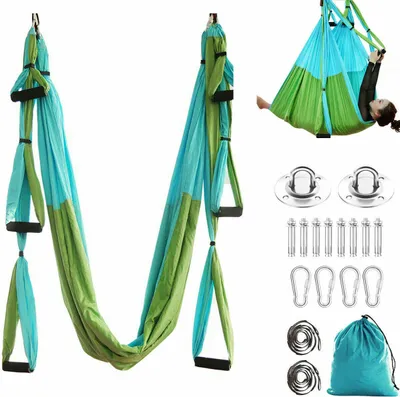 Produktbild von Topchances Aerial Yoga Hängematte Set Luftseide Yoga Kit Anti-Schwerkraft-Swing/Sling/Inversionswerkzeug Fitness Yoga Props (Blau+Grun)