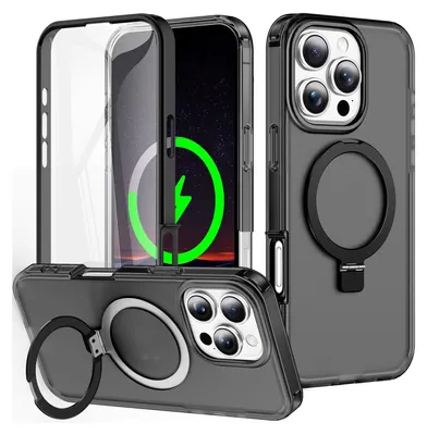 Image de Pour Apple iPhone 16 Pro Max Peau givrée Sentir l'anneau MagSafe Support à 360 degrés Housse noire