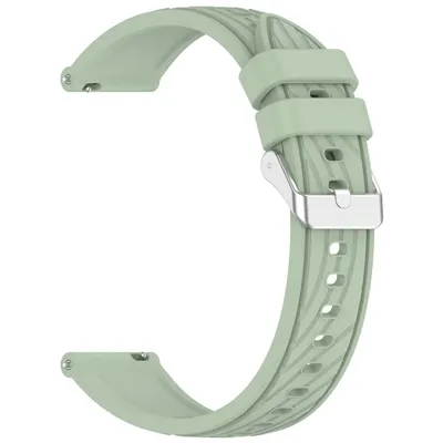 A light green watch strap with a striped texture and a silver buckle, shown against a white background.