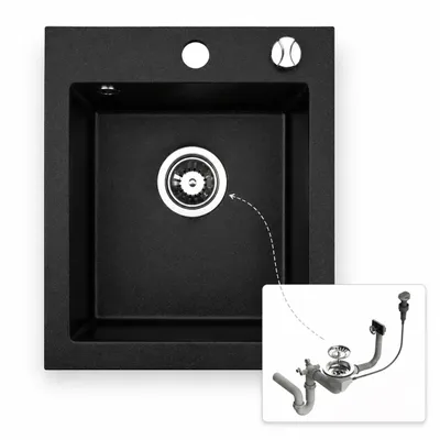 Produktbild von Granitspüle Schwarz 48×40 cm, Einzelbecken mit Automatiksiphon Chrom – Einbauspüle für kleine Küchen ab 40 cm Unterschrank