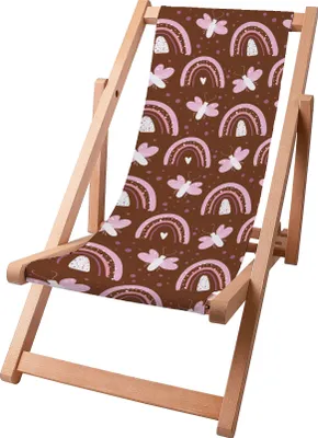 A wooden beach chair with a brown fabric seat featuring a rainbow and butterfly pattern.
