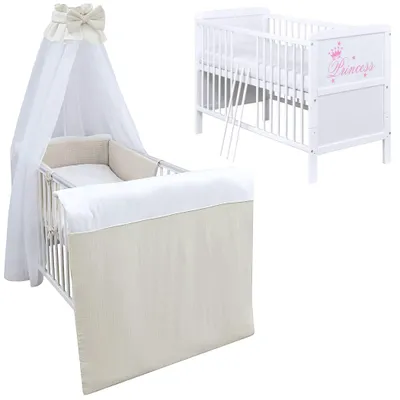 Produktbild von Baby-Delux Babybett Kinderbett Natalie Princess 70x140 Weiß mit Matratze Komplett Bettset Musselin beige