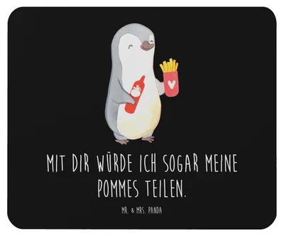 Produktbild von Mr. & Mrs. Panda Mouse Pad Pinguin Pommes - Schwarz - Geschenk, Mousepad, für Freundin, Valentinstag, notebook mauspad, Freund, Frauen, Hochzeitstag, mousematte, pc