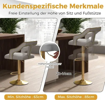 Produktbild von Verstellbare Samt-Barhocker, drehbar, 2er-Set, Grau