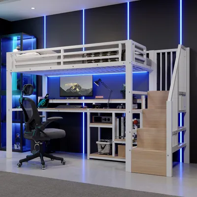 Zdjęcie produktu dla Łóżko piętrowe Merax, 90x200 cm, z szafką na drabinie, listwą LED, portami USB i Type-C, półką, metalowe łóżko dla dzieci, białe