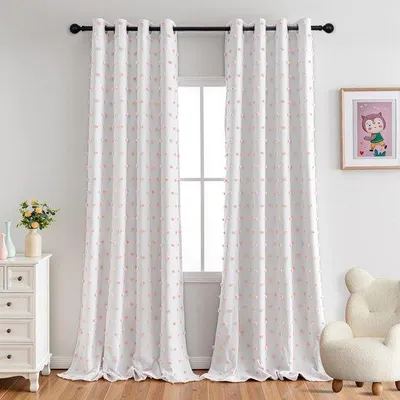 Immagine prodotto di Tende oscuranti rosa con pompon, termicamente isolate, set da 2 (245 x 140 cm) per camera da letto