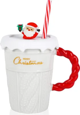 Zdjęcie produktu dla Świąteczny kubek do kawy 400 ml Świąteczny ceramiczny kubek do kawy kubek do herbaty kubek do mleka z pokrywką i słomką, biały, 1 szt