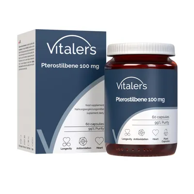 Produktbild von Vitaler’s Pterostilben 100 mg, 60 vegane Kapseln, 2 Monatsvorrat, ohne Konservierungsstoffe, reine Zusammensetzung