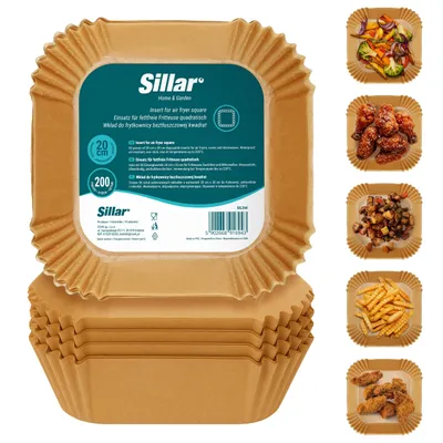 Zdjęcie produktu dla Sillar 200 sztuk kwadratowego papieru do pieczenia 20 x 20 cm do frytkownicy na gorące powietrze – papier do frytkownicy Airfryer, nieprzywierający, odporny na olej, pergaminowy