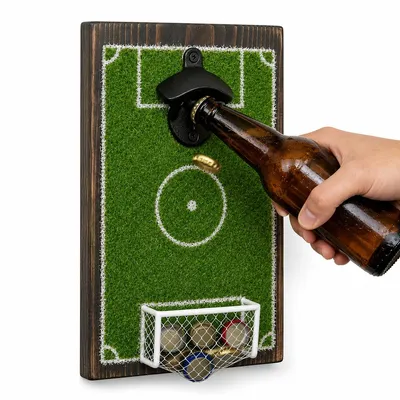 Produktbild von Fußball Flaschenöffner Wandmontage mit Auffangbehälter, Bieröffner Fußballfeld Design, Wand Flaschenöffner für Bar & Männer Geschenk