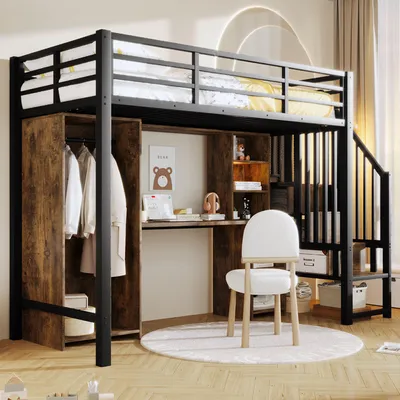 Produktbild von Merax Hochbett Etagenbett 90x200 cm, Kinderbett mit Kleiderschrank, Schreibtisch, Staufach, Stauraumtreppe, Metallbett, Stockbett, Jugendbett, Schwarz