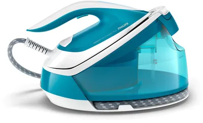 A close-up, side view of a blue and white steam iron with its water tank visible.