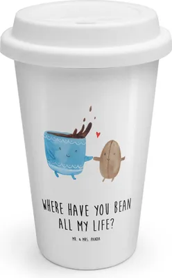 Produktbild von Mr. & Mrs. Panda Kaffeebecher To Go Kaffee Bohne - Weiß - Geschenk, Zufriedenheit, Kaffeebohne, Thermokaffeebecher, Lustige Sprüche, Thermobecher, ToGo, Genuss, Glück
