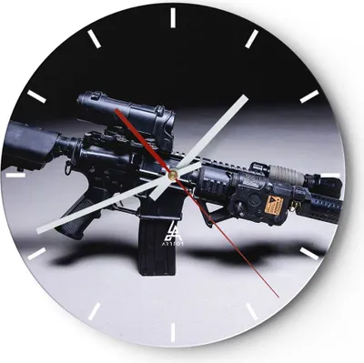 Produktbild von Wanduhr - Rund - Glasuhr - Gewehr Armee - 30x30cm - Schleichendes Uhrwerk - Lautlos - zum Aufhängen bereit - Dekoration Modern - Wanddekoration aus Glas - C3AR30x30-3776