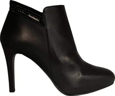 A black leather ankle boot with a high heel, shown from the side against a white background.