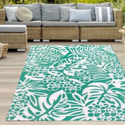 Produktbild von Wetterfester Outdoor-Teppich mit tropischem Flair in petrol Größe - 150 x 220 cm