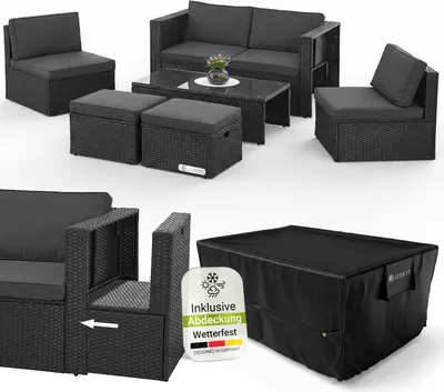 Produktbild von Juskys Polyrattan Gartenmöbel Set Salou inkl. Abdeckung - Lounge für 6 Personen, wetterfest - Schwarz