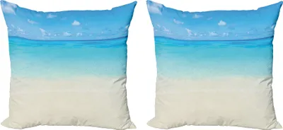 Immagine prodotto di ABAKUHAUS Set copricuscino Oceano (2 pezzi), Spiaggia paradisiaca in un mare caraibico tropicale con un fantastico cielo a tema, 60 x 60 cm, crema marina