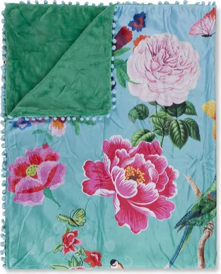 Produktbild von Happiness Wohndecke mit Pompoms und Blumen - 130x160 cm - 100% Polyvelvet