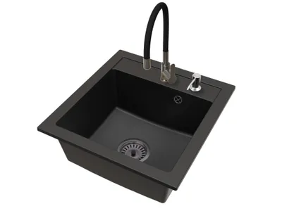 Produktbild von Granitspüle Schwarz mit Flex Gun Gray Armatur, schwarzem Siphon und Seifenspender