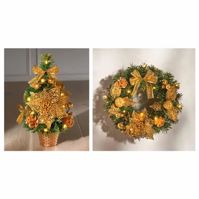 Produktbild von Künstlicher LED Weihnachtsbaum 30 cm & Tür Weihnachtskranz Ø 30 cm Gold Weihnachtsdeko Tannenbaum Wandkranz Beleuchtet