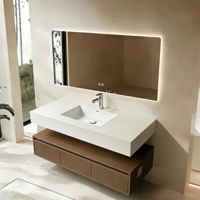 Produktbild von Integriertes Waschbecken aus Sinterstein-Keramik, Wandwaschbecken mit Hahnloch, Badezimmerschrank mit Schublade und LED-Spiegel 120*55cm 【YBTC383-120】