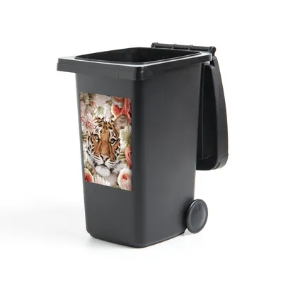 Obrázok produktu pre MuchoWow® Nálepka na odpadkový kôš - Tiger - Kvety - Portrét - 60x40x0.1cm