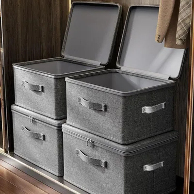 Produktbild von 4 Stück groß Aufbewahrungsbox,mit Griff,Organizer Box,Würfelregal,Ordnungssystem Stoffboxen für Kleiderschrank und Schubladen,faltbar,Grau.